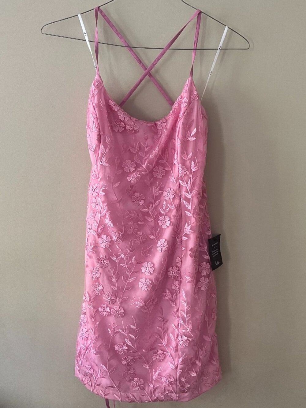 Lively Sweetheart Pink Mesh Embroidered Lace-Up Mini Dress, Size XL